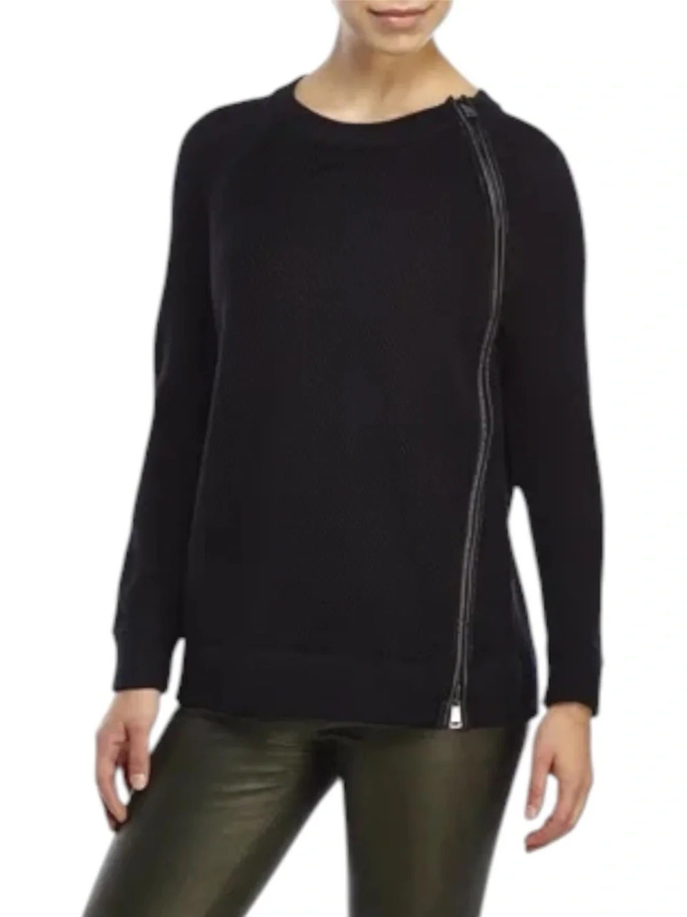 Vince Black Wool Asymmetrical Leather Trim Zip Sweater Size M